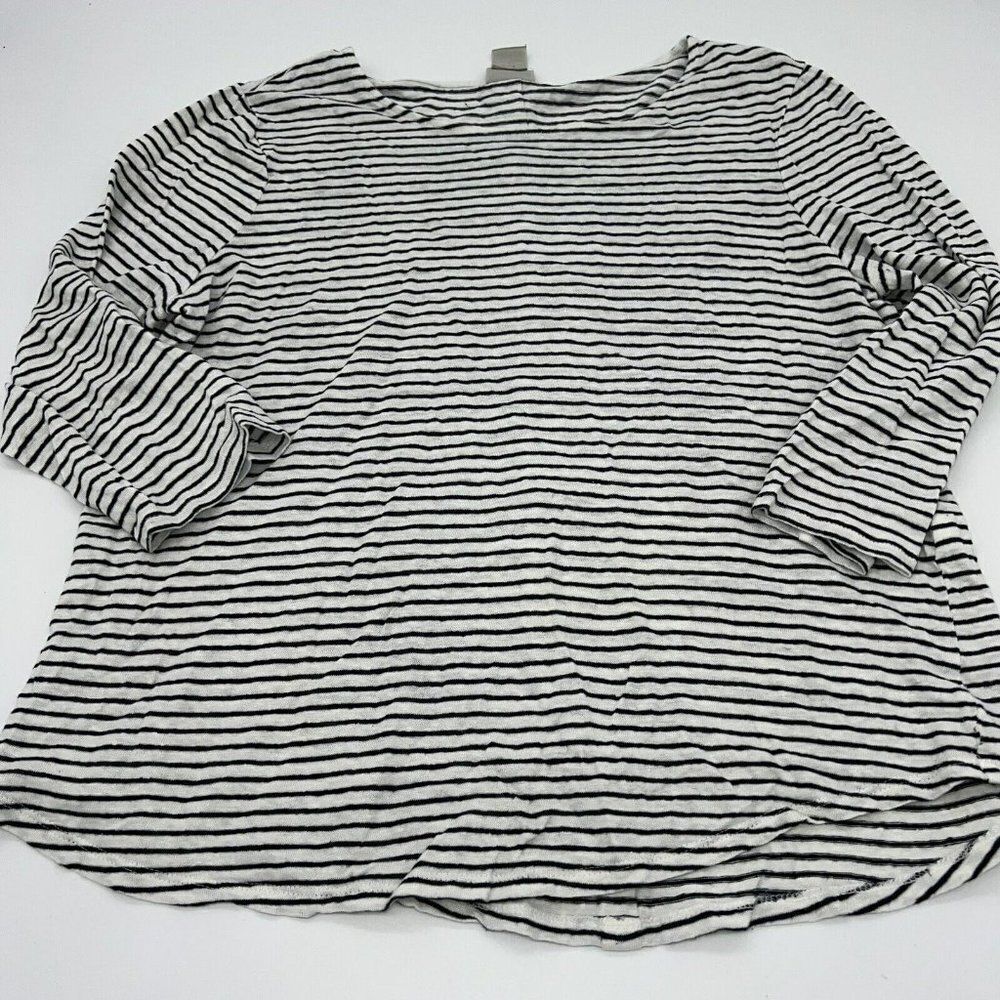 Chico’s White Black Stripe Linen Button Back Top Sz 2 Large